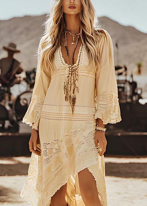 Women Beige Asymmetrical Lace Patchwork Cotton Dresses Spring