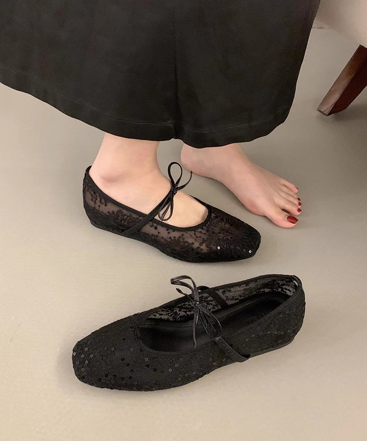 Women Beige Breathable Mesh Embroidered Flats Splicing Bow