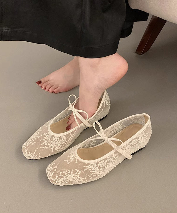 Women Beige Breathable Mesh Embroidered Flats Splicing Bow