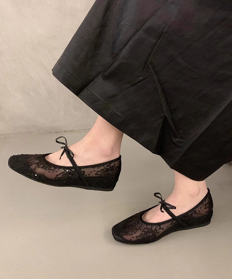 Women Beige Breathable Mesh Embroidered Flats Splicing Bow