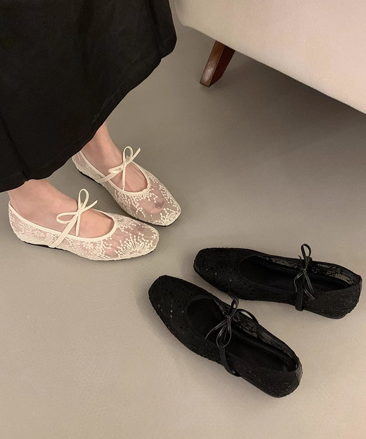 Women Beige Breathable Mesh Embroidered Flats Splicing Bow