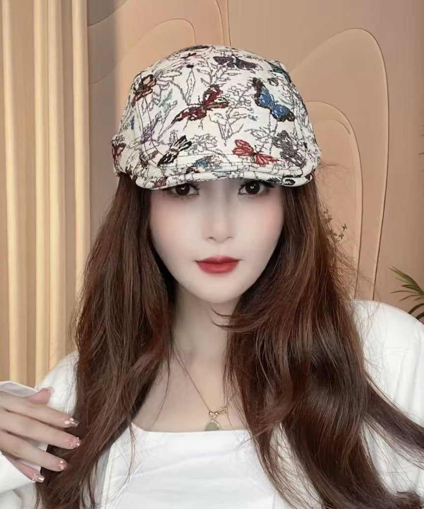 Women Beige Butterfly Jacquard Breton Hat