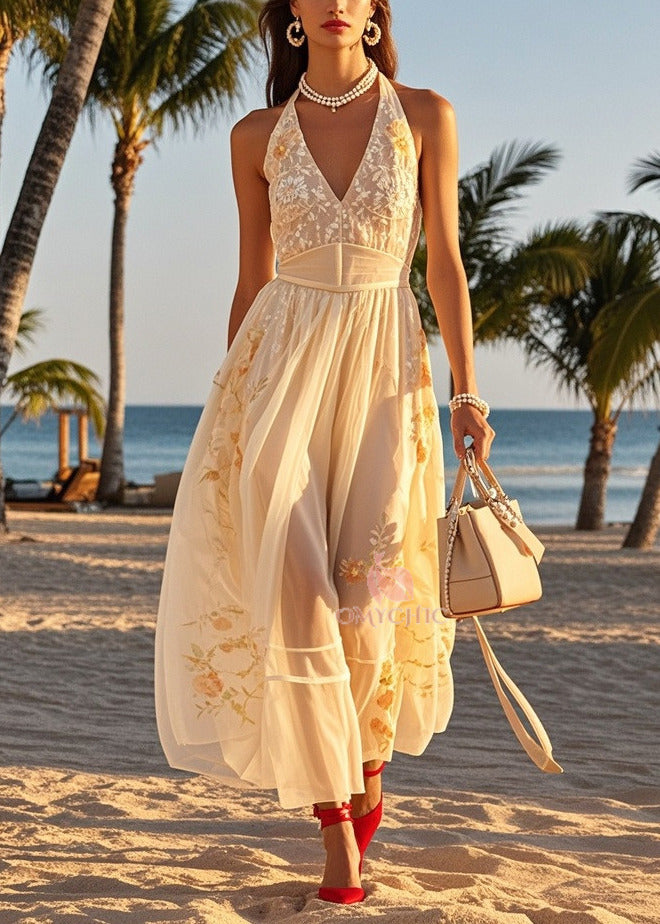 Women Beige Cold Shoulder Print Tulle Halter Dresses Summer