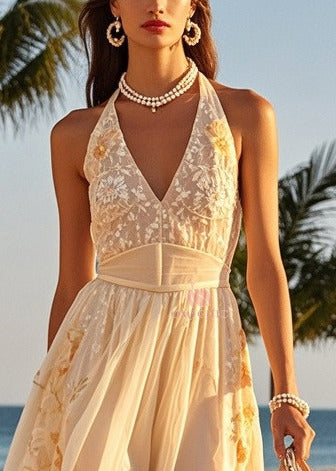 Women Beige Cold Shoulder Print Tulle Halter Dresses Summer