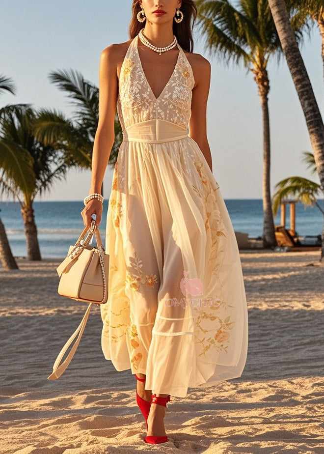 Women Beige Cold Shoulder Print Tulle Halter Dresses Summer