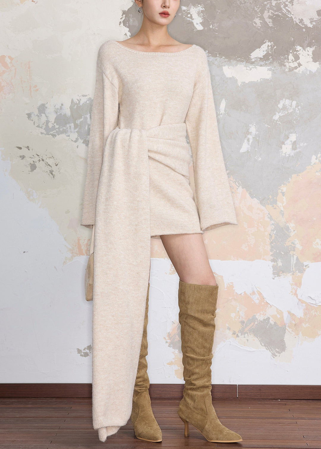 Women Beige Cozy Tie Waist Knit Sweater Dress Fall