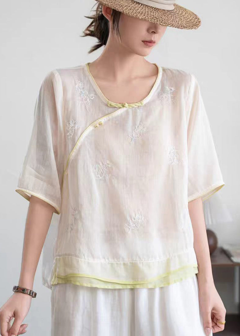 Women Beige Embroidered Patchwork Linen Oriental Shirt Summer