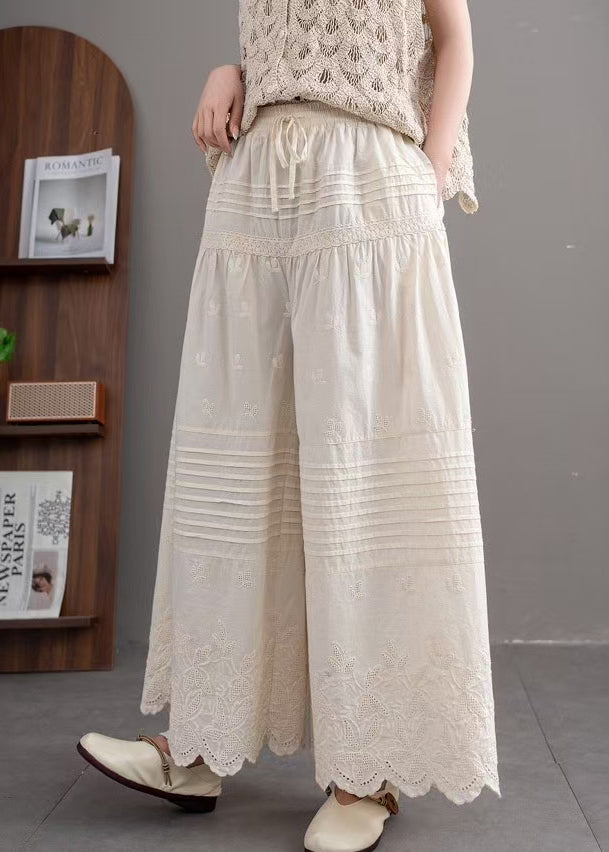 Women Beige Embroidered Wrinkled Cotton Pants Summer
