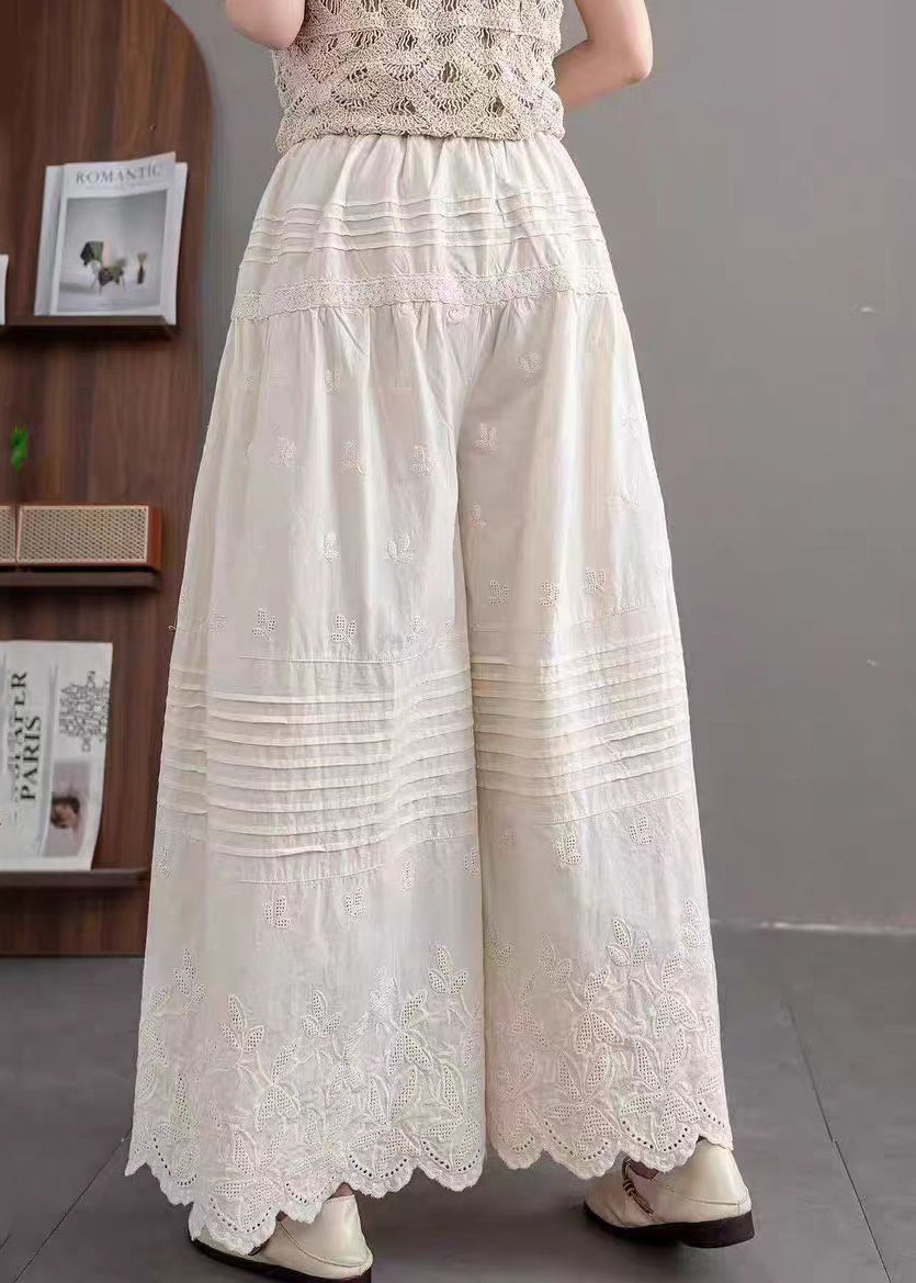 Women Beige Embroidered Wrinkled Cotton Pants Summer