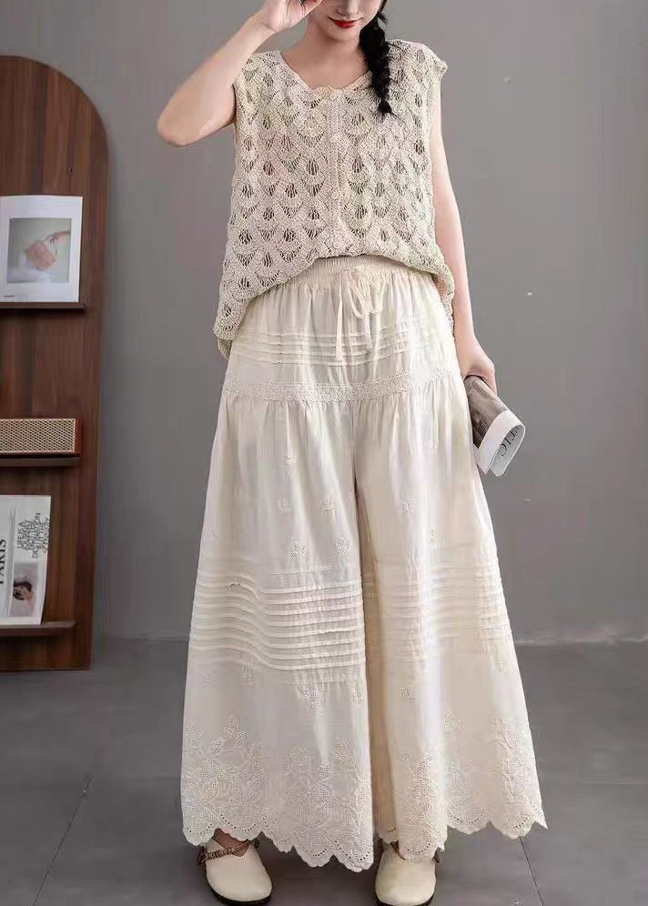 Women Beige Embroidered Wrinkled Cotton Pants Summer