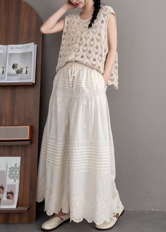 Women Beige Embroidered Wrinkled Cotton Pants Summer