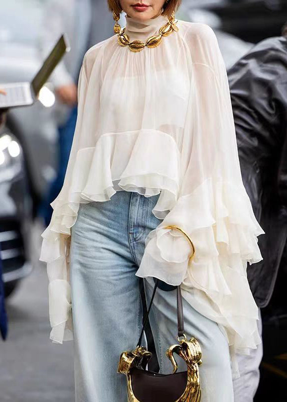 Women Beige Hign Neck Ruffled Patchwork Tulle Top Flare Sleeve