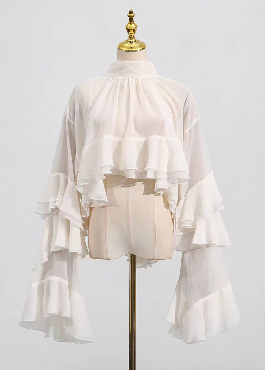 Women Beige Hign Neck Ruffled Patchwork Tulle Top Flare Sleeve