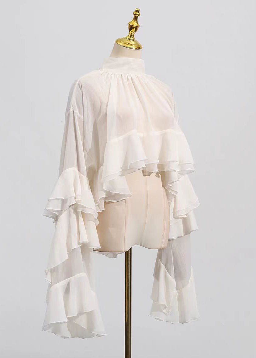 Women Beige Hign Neck Ruffled Patchwork Tulle Top Flare Sleeve