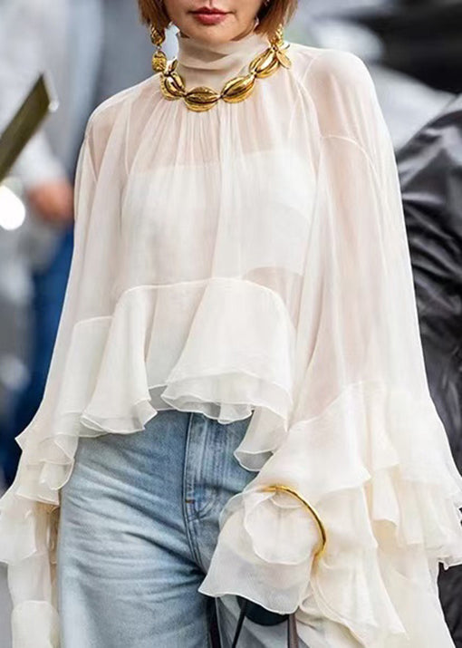 Women Beige Hign Neck Ruffled Patchwork Tulle Top Flare Sleeve