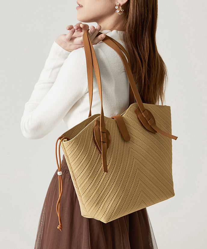 Women Beige Hollow Out Large Capacity Woven Women Shoulder Bags