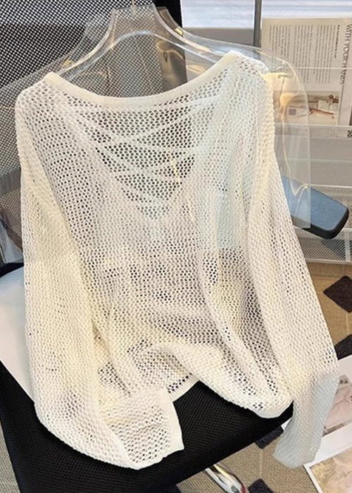Women Beige Hollow Out Solid Knit Tops Summer