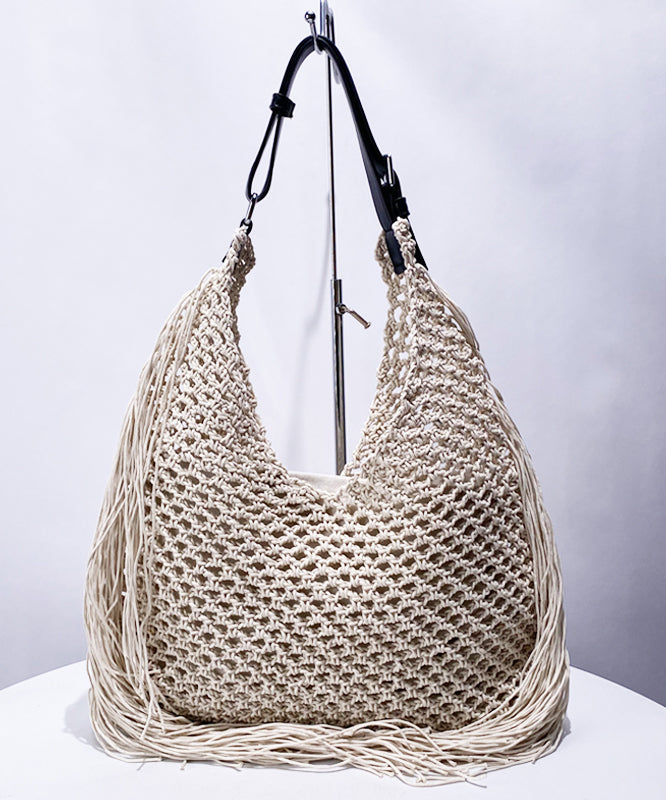 Women Beige Hollow Out Tasseled Woven Shoulder Bags