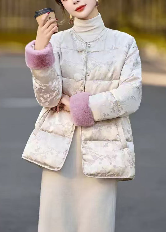 Women Beige Jacquard Fur Patchwork Duck Down Down Coat Winter