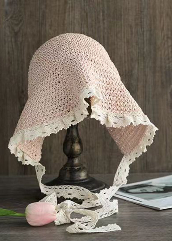 Women Beige Lace Patchwork Knit Blended Hollow Out Bucket Hat