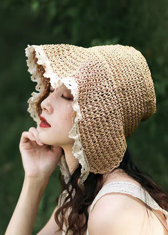Women Beige Lace Patchwork Knit Blended Hollow Out Bucket Hat