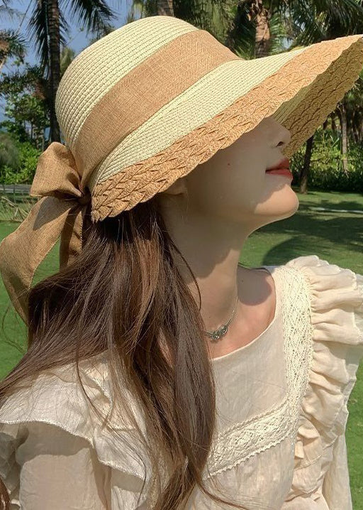 Women Beige Lace Up Patchwork Straw Woven Bucket Hat