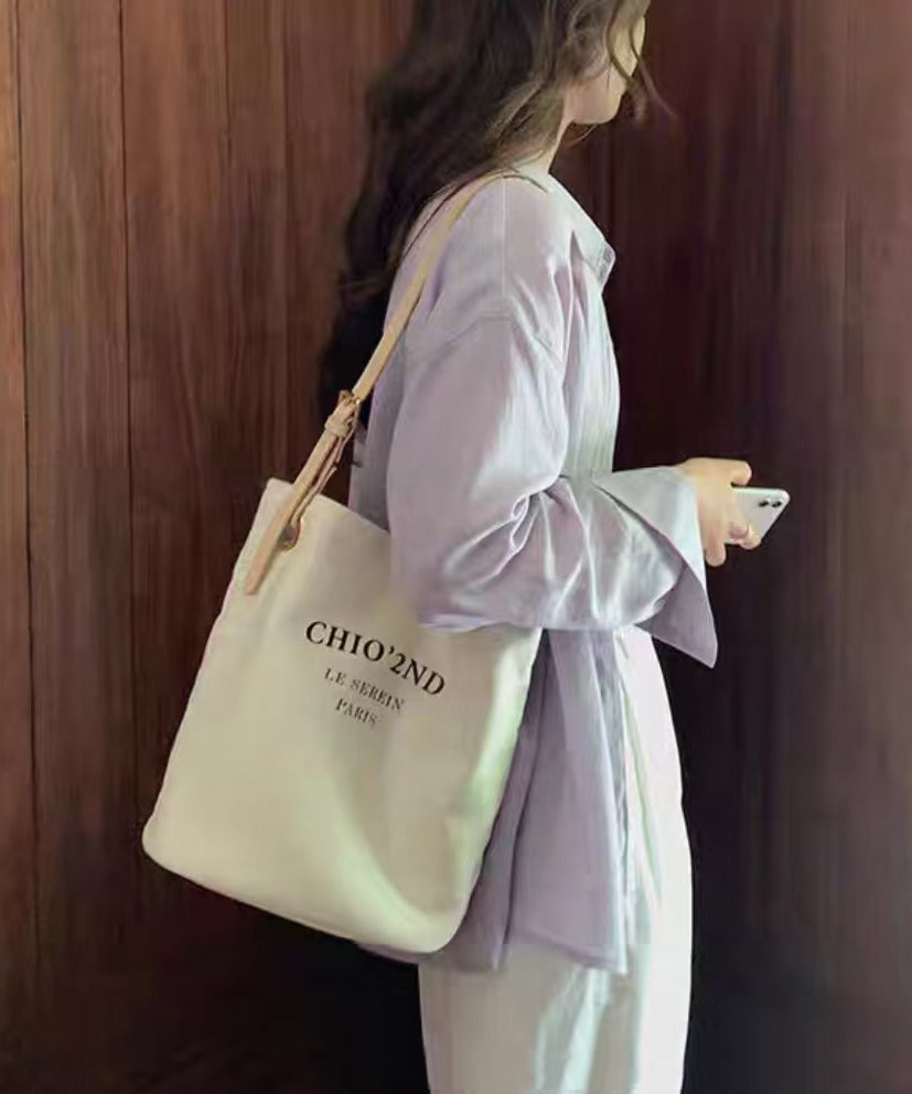 Women Beige Letter Large Capacity Canvas Shoulder Bag