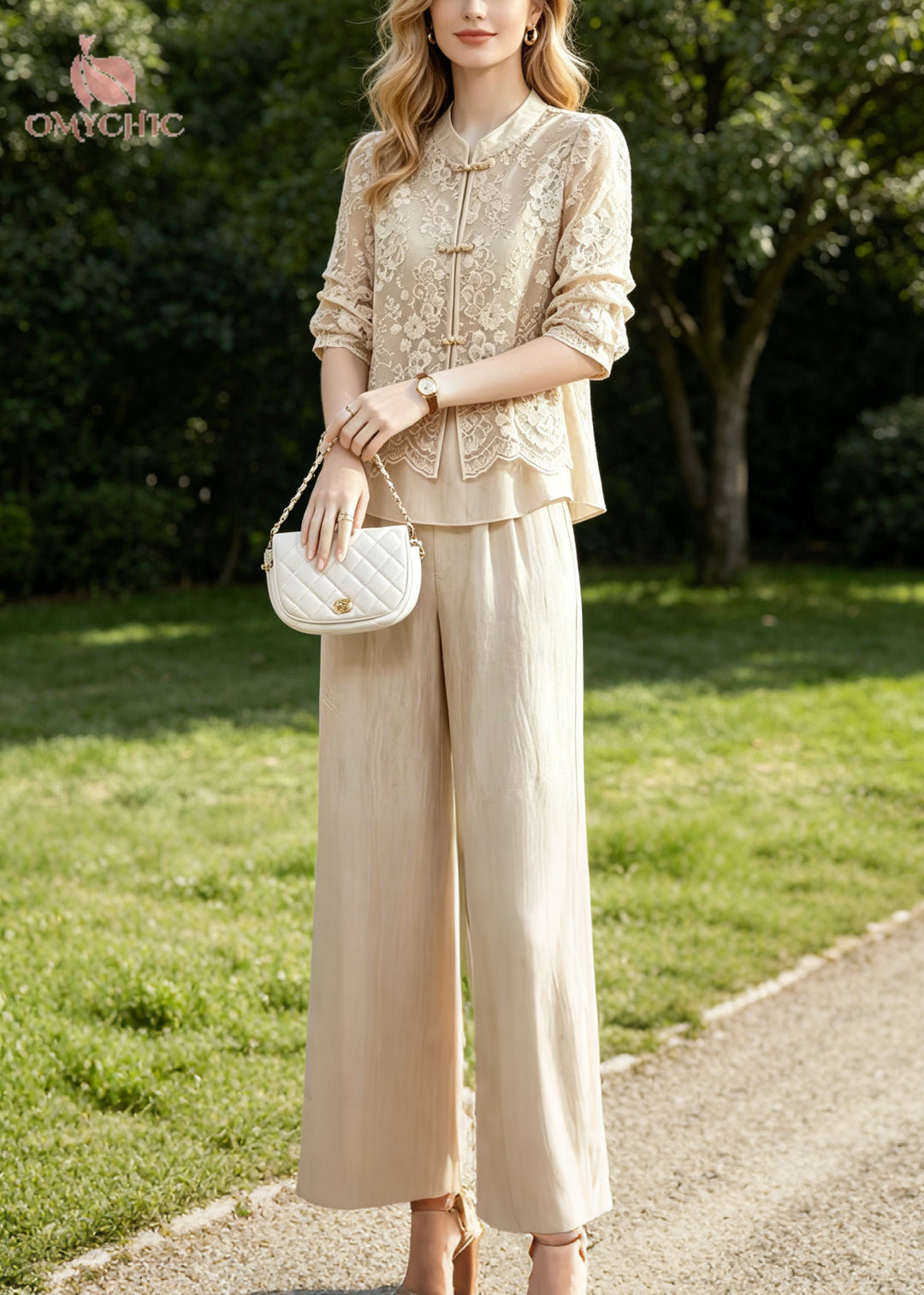Women Beige Mandarin Collar Patchwork Lace Two Piece Suit Set Summer