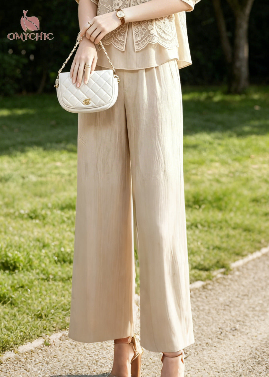 Women Beige Mandarin Collar Patchwork Lace Two Piece Suit Set Summer