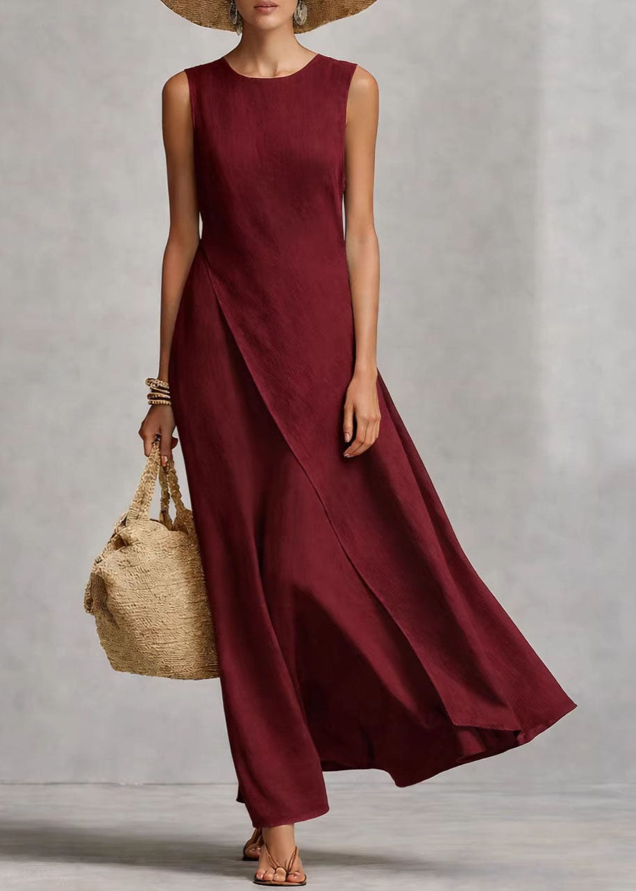 Women Beige O Neck Asymmetrical Cotton Dress Sleeveless