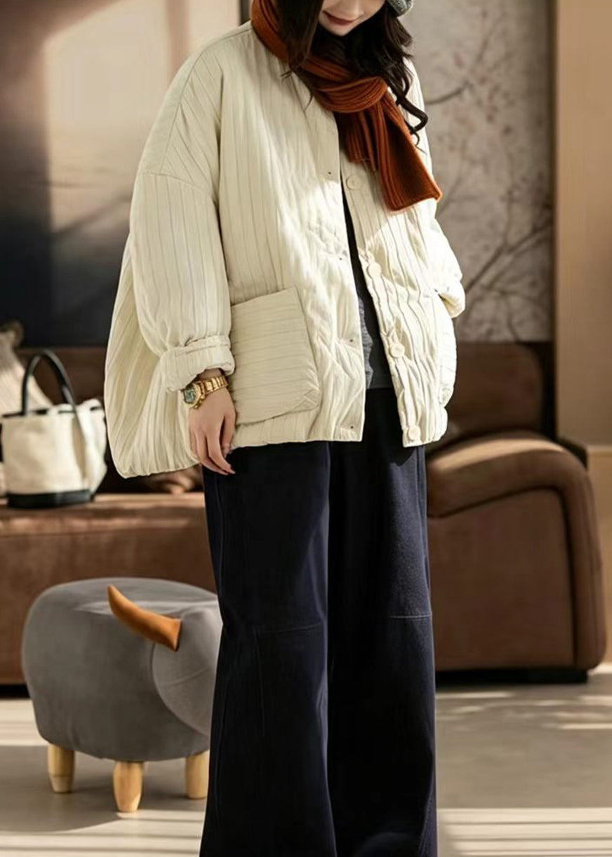 Women Beige O-Neck Oversized Pockets Cotton Filled Puffer Jacket Winter