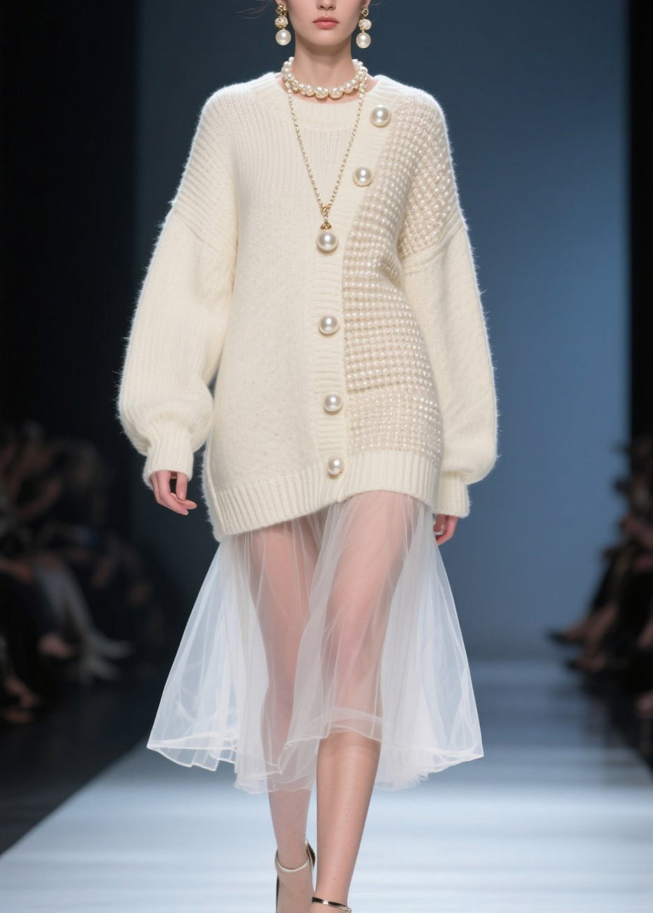 Women Beige O Neck Tulle Patchwork Knit Sweater Dress Fall