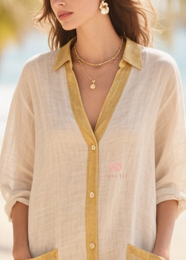 Women Beige Oversized Patchwork Cotton Mid Dress Summer