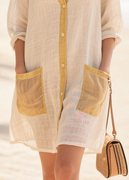 Women Beige Oversized Patchwork Cotton Mid Dress Summer