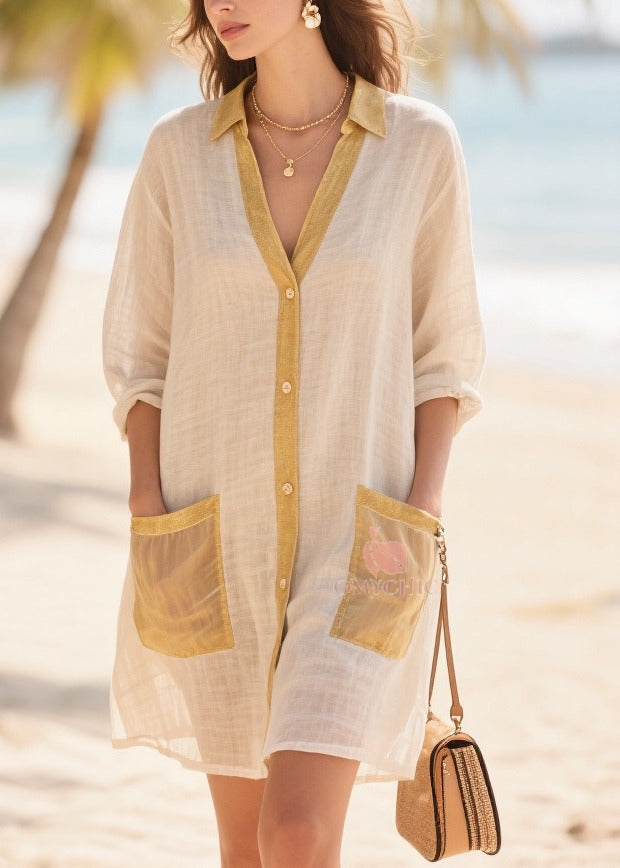 Women Beige Oversized Patchwork Cotton Mid Dress Summer