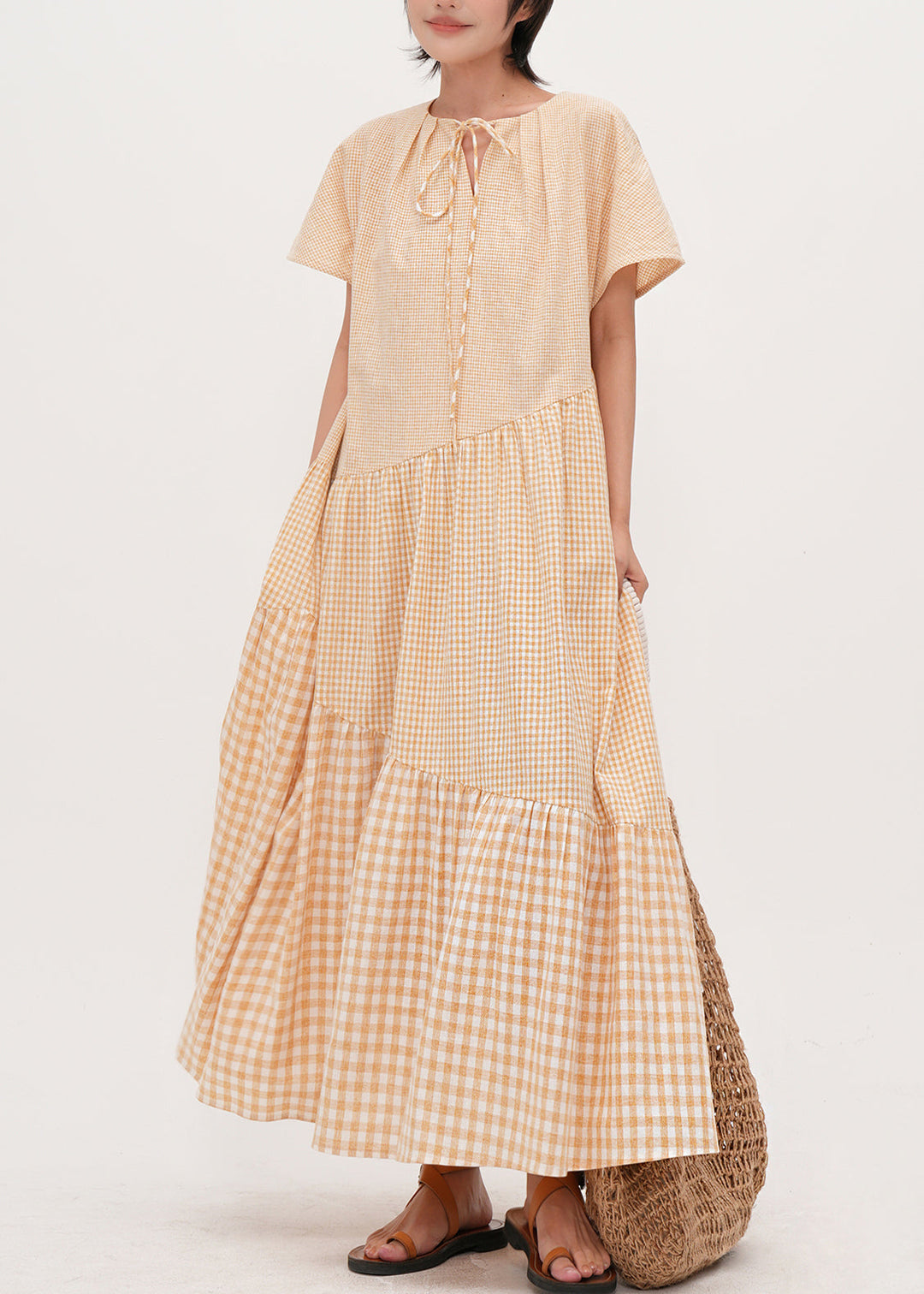 Women Beige Oversized Patchwork Plaid Cotton Dresses Summer