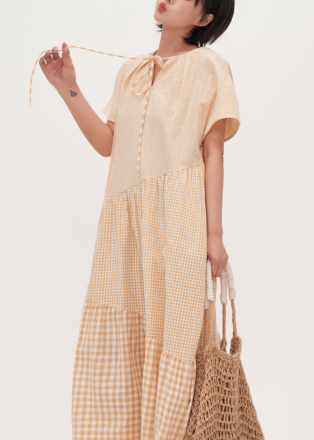 Women Beige Oversized Patchwork Plaid Cotton Dresses Summer