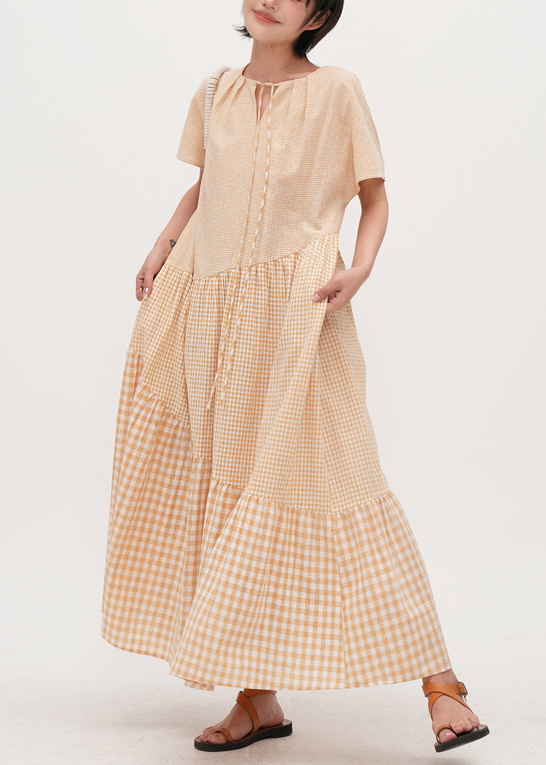 Women Beige Oversized Patchwork Plaid Cotton Dresses Summer