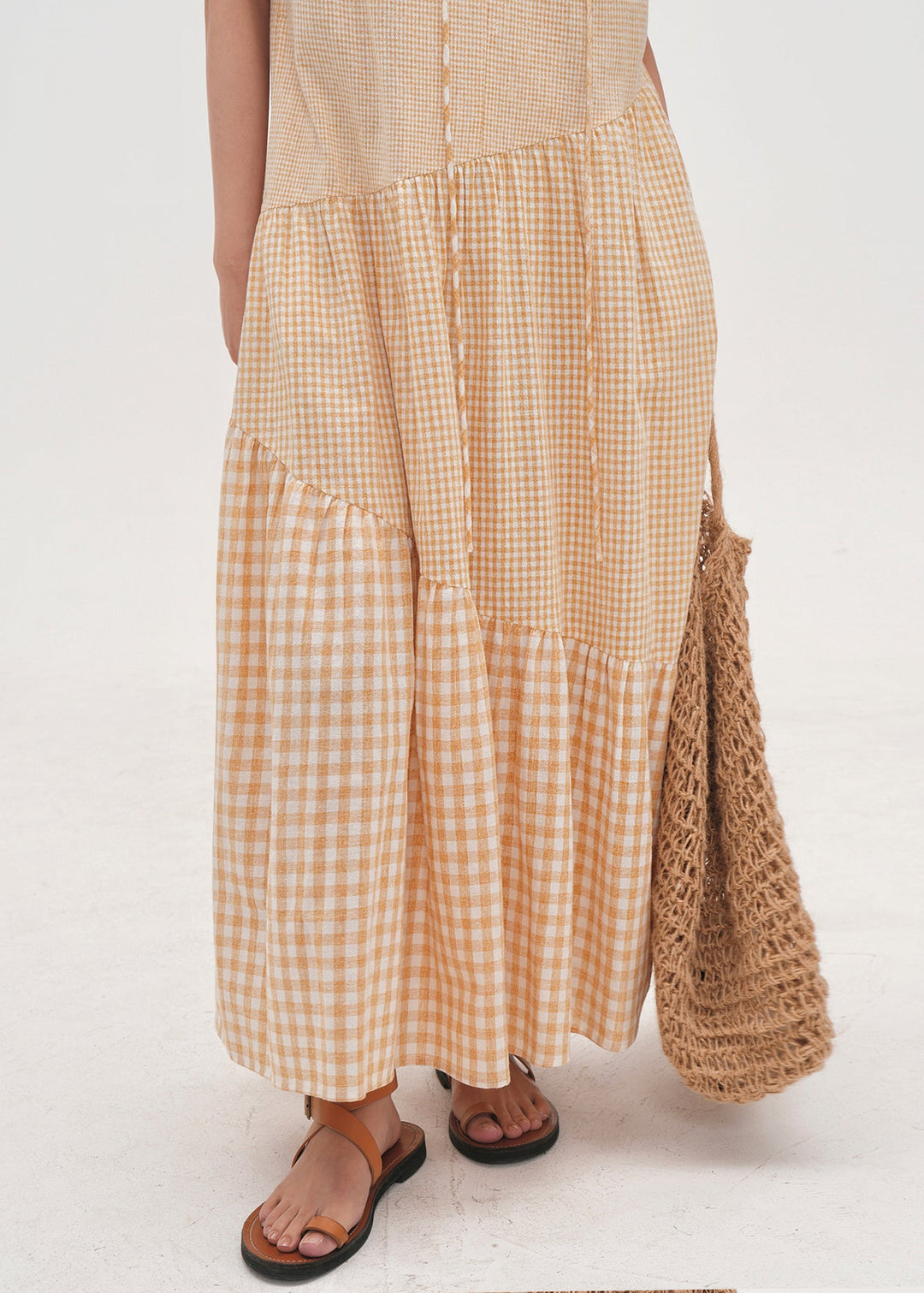 Women Beige Oversized Patchwork Plaid Cotton Dresses Summer