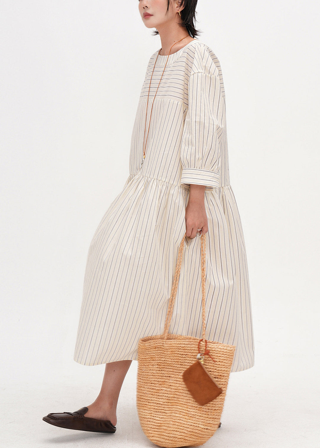 Women Beige Oversized Striped Cotton Maxi Dresses Bracelet Sleeve