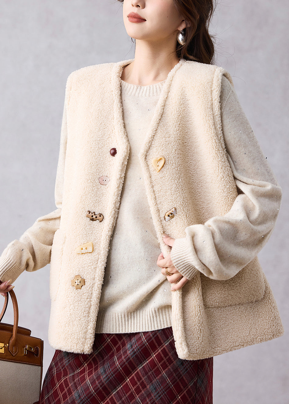 Women Beige Pockets Cozy Solid Faux Fur Waistcoat Winter