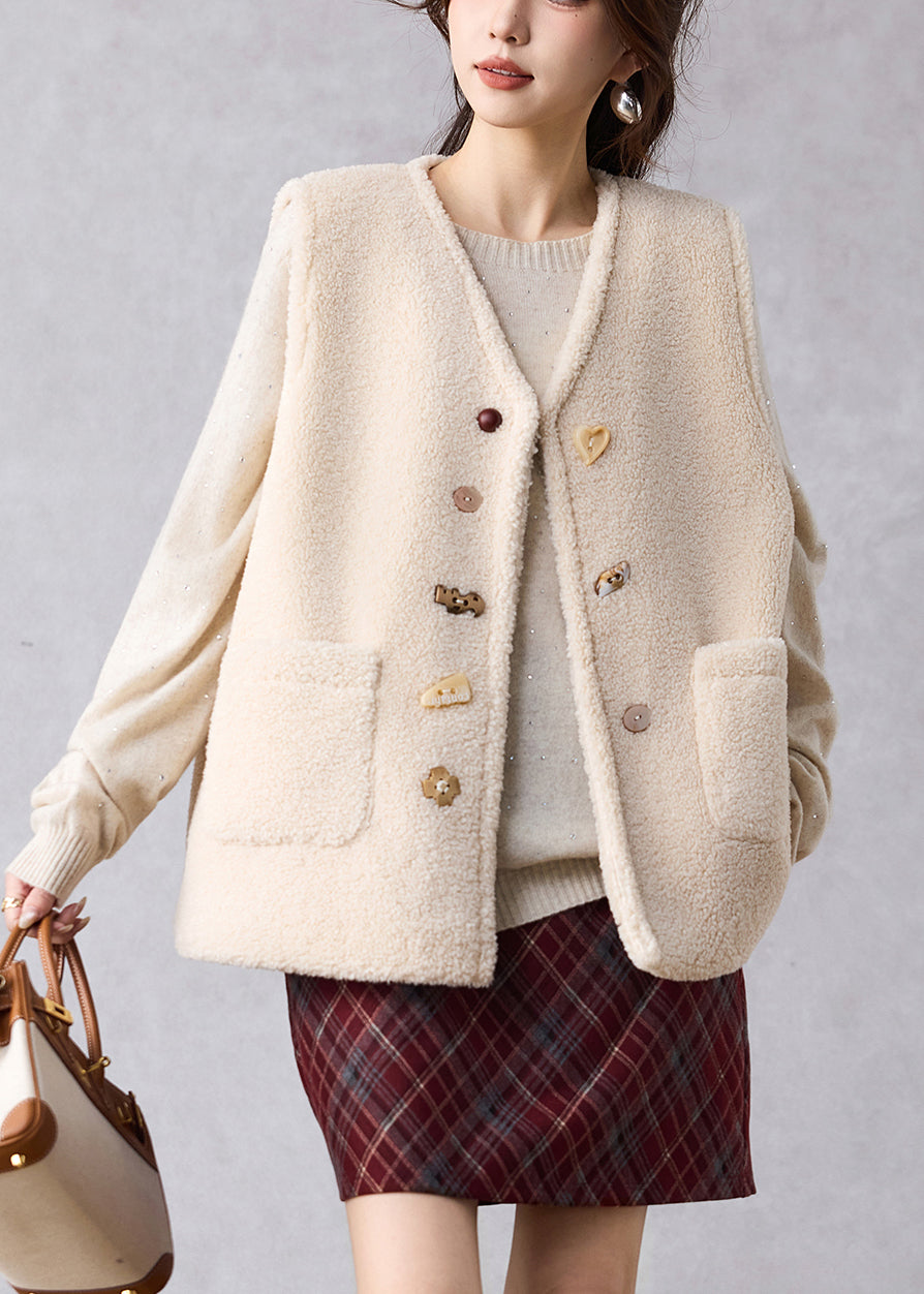 Women Beige Pockets Cozy Solid Faux Fur Waistcoat Winter
