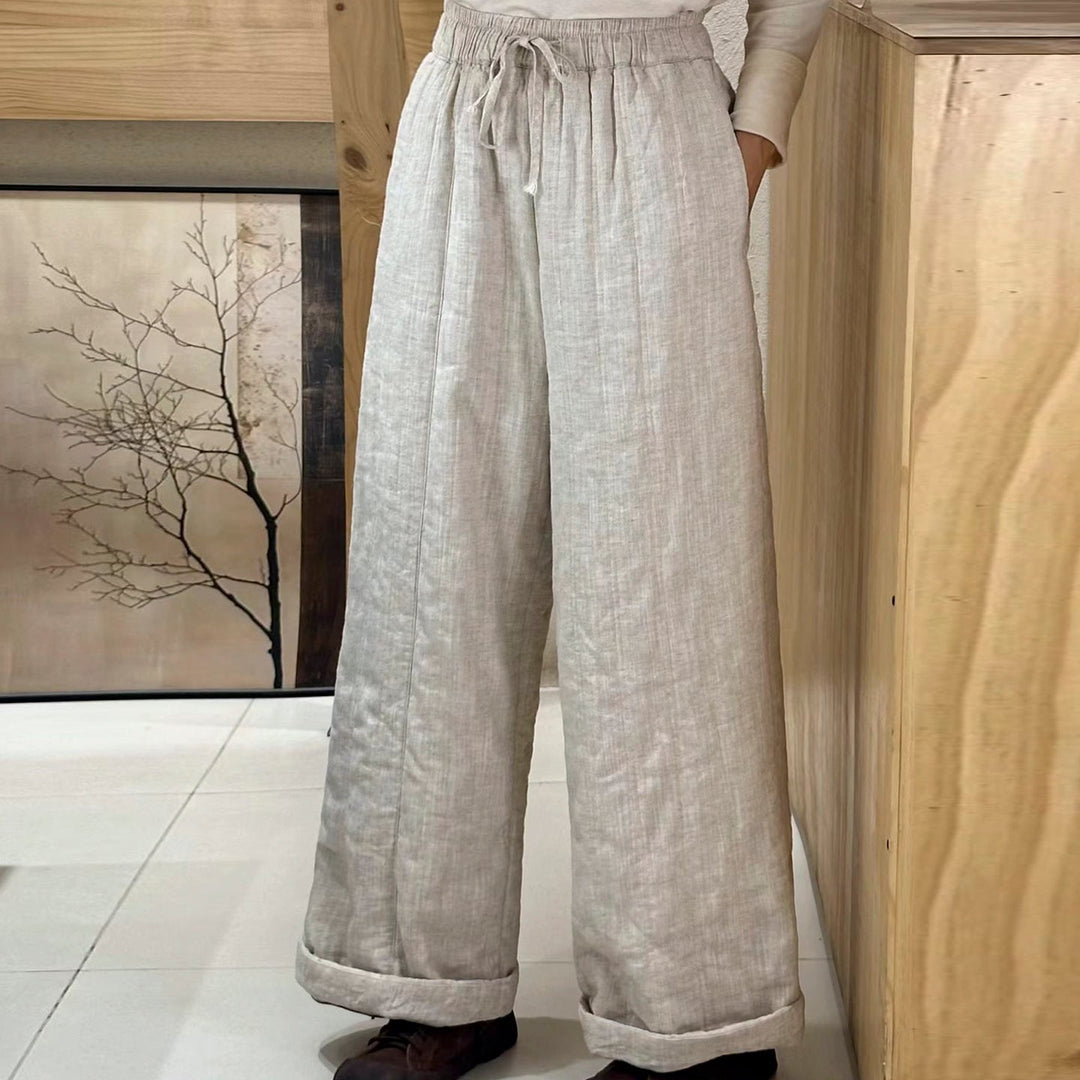 Women Beige Pockets Elastic Waist Fine Cotton Filled Pants Winter