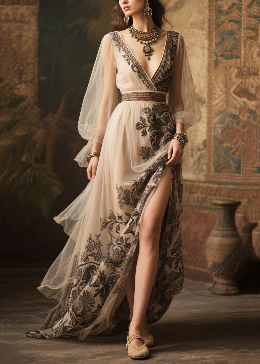 Women Beige Print Exra Large Hem Chiffon Holiday Dress Summer
