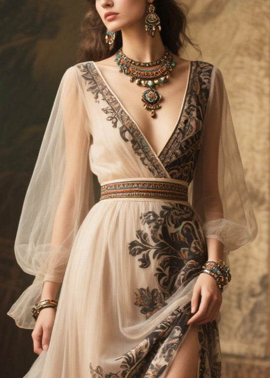 Women Beige Print Exra Large Hem Chiffon Holiday Dress Summer