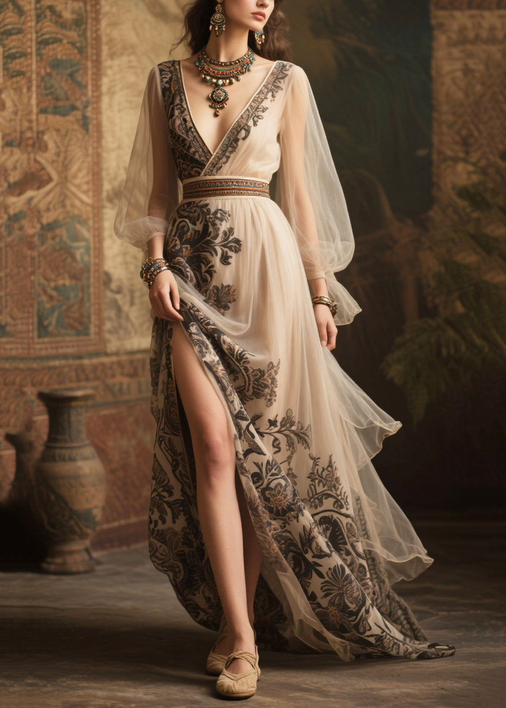Women Beige Print Exra Large Hem Chiffon Holiday Dress Summer