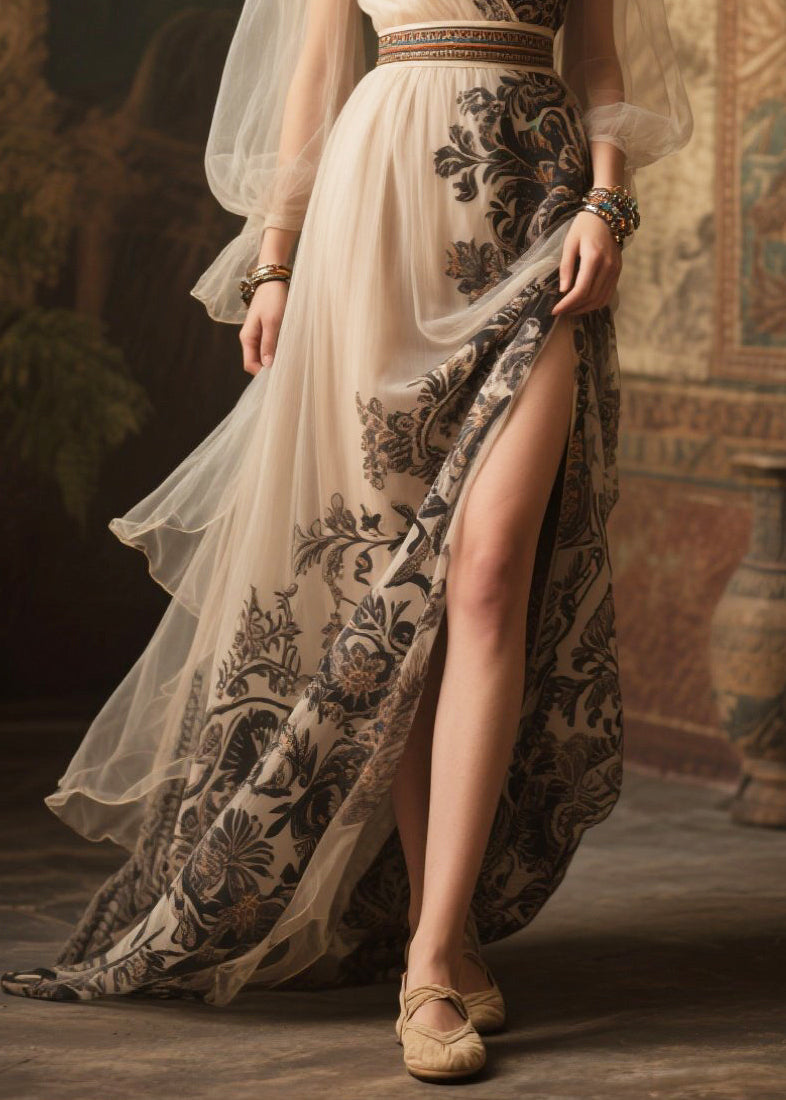 Women Beige Print Exra Large Hem Chiffon Holiday Dress Summer