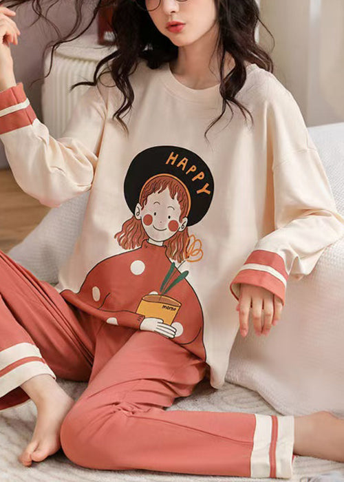 Women Beige Print T Ahirt And Orange Pants Cotton Pajamas Two Pieces Set Fall