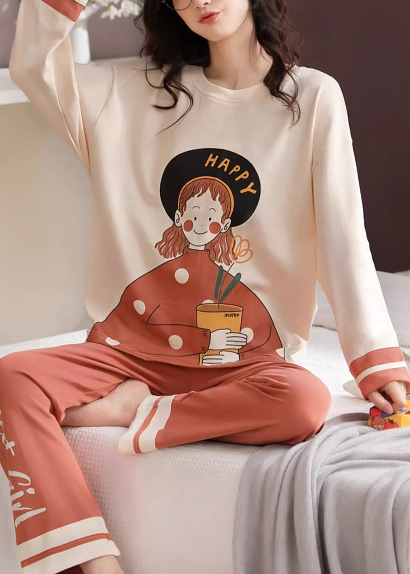 Women Beige Print T Ahirt And Orange Pants Cotton Pajamas Two Pieces Set Fall