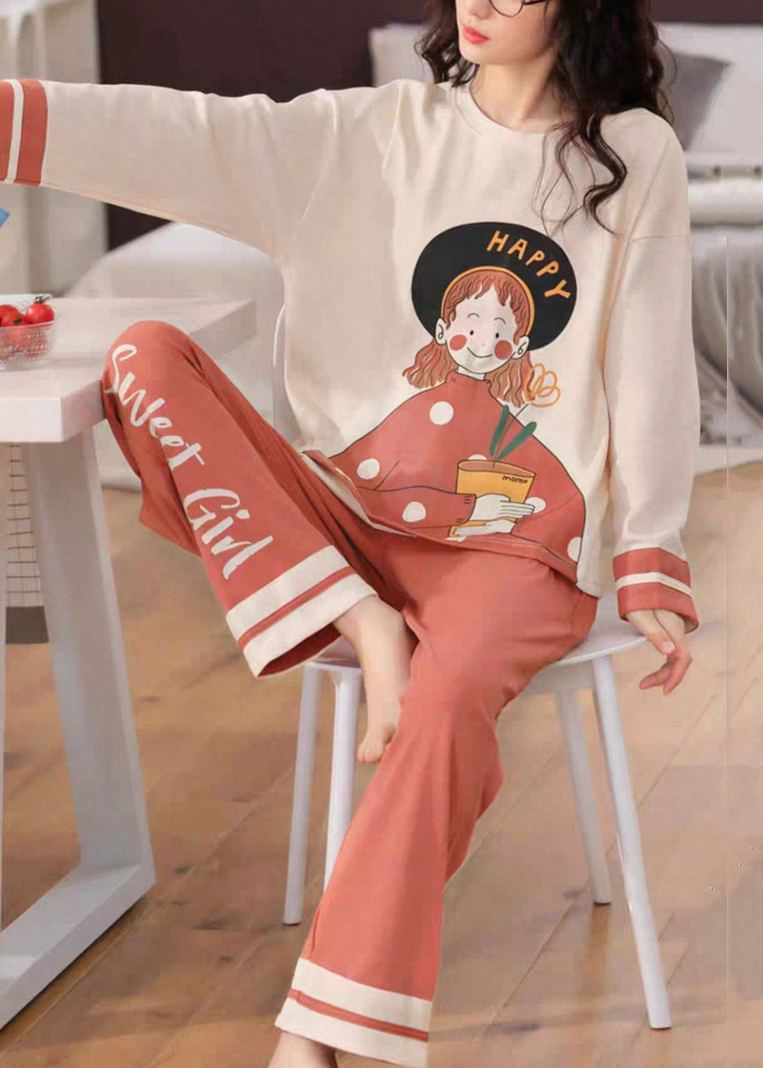 Women Beige Print T Ahirt And Orange Pants Cotton Pajamas Two Pieces Set Fall